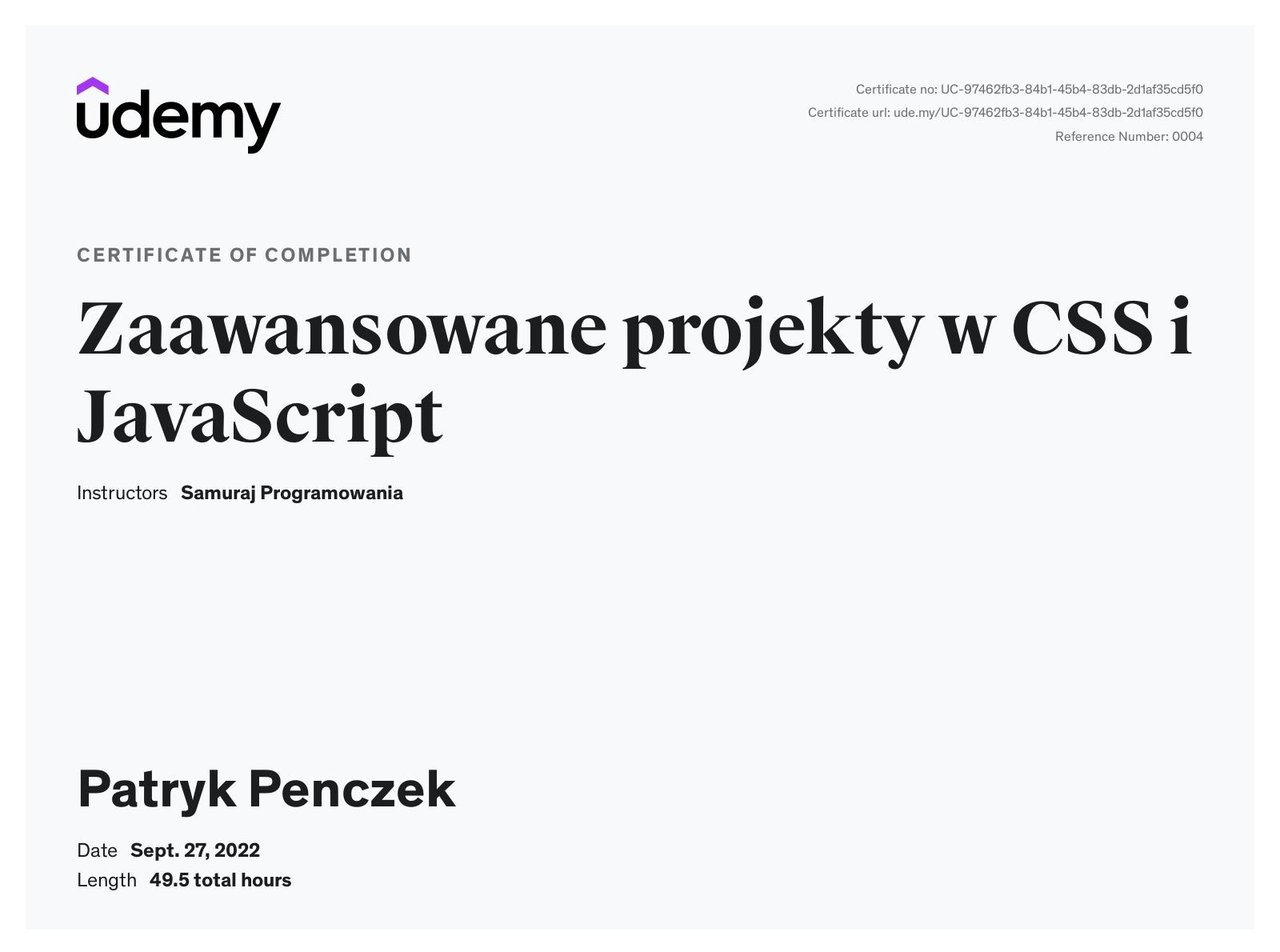 Certyfikat zaawansowane projekty w CSS i JavaScript